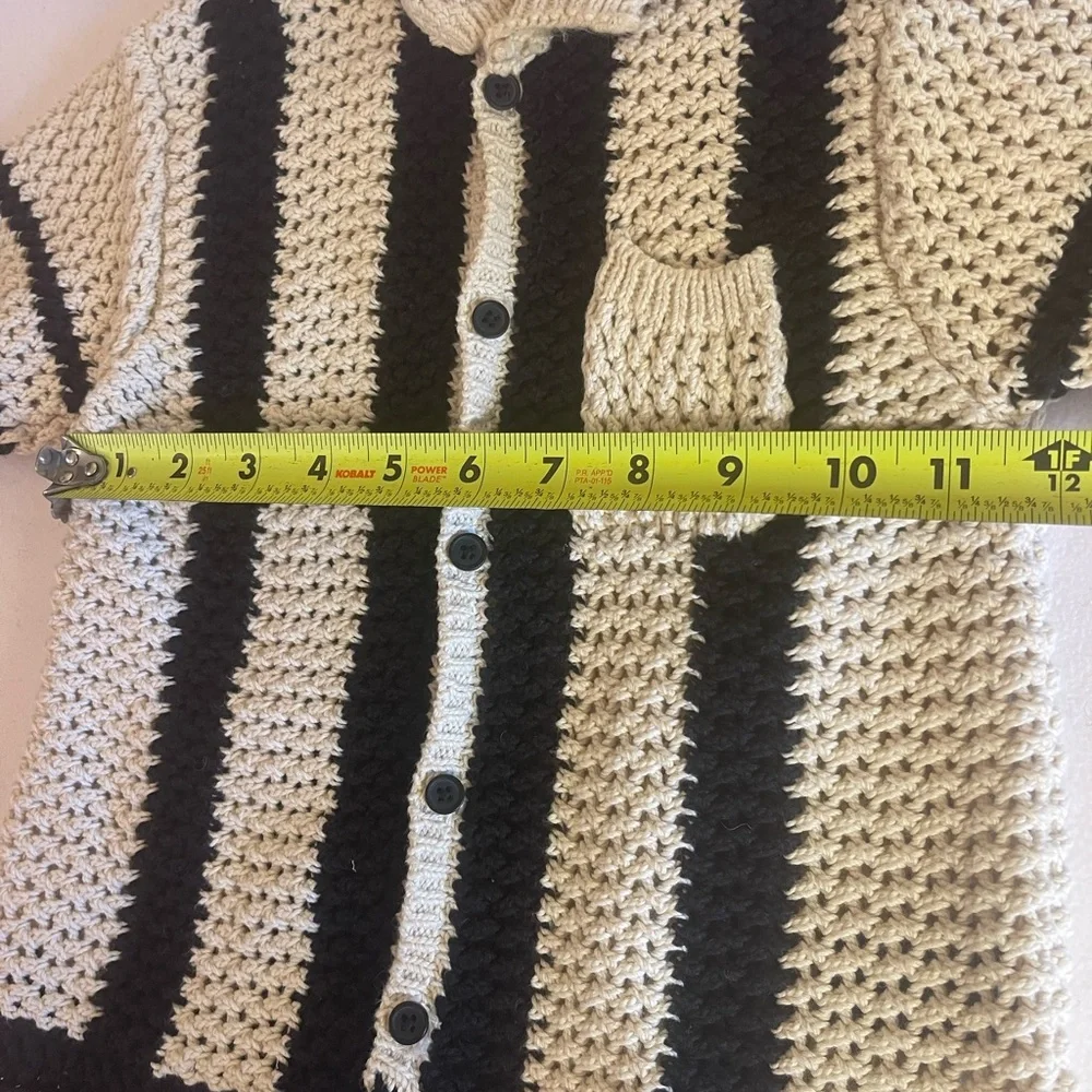 Zara Girls Size 6-7 Chunky Cotton Knit Cardigan Sweater Cream Ivory Black Stripe
